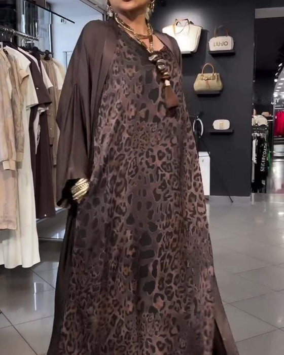 Set Leopard Spagetti Axelband Lång Klänning Och Cardigan