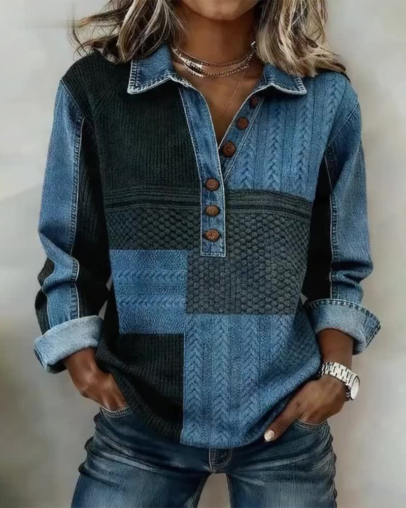 Tryckt Sweatshirt Med Långa Ärmar Och Knappskjortkrage