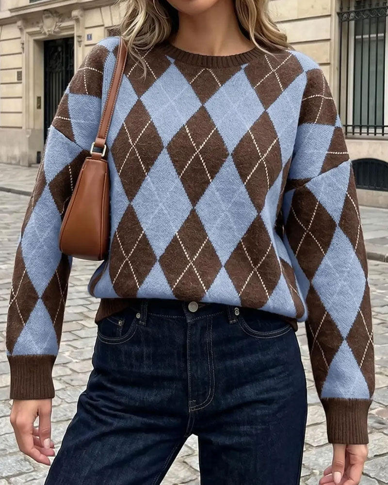 Pullover Diamant Färgblock Rund Hals