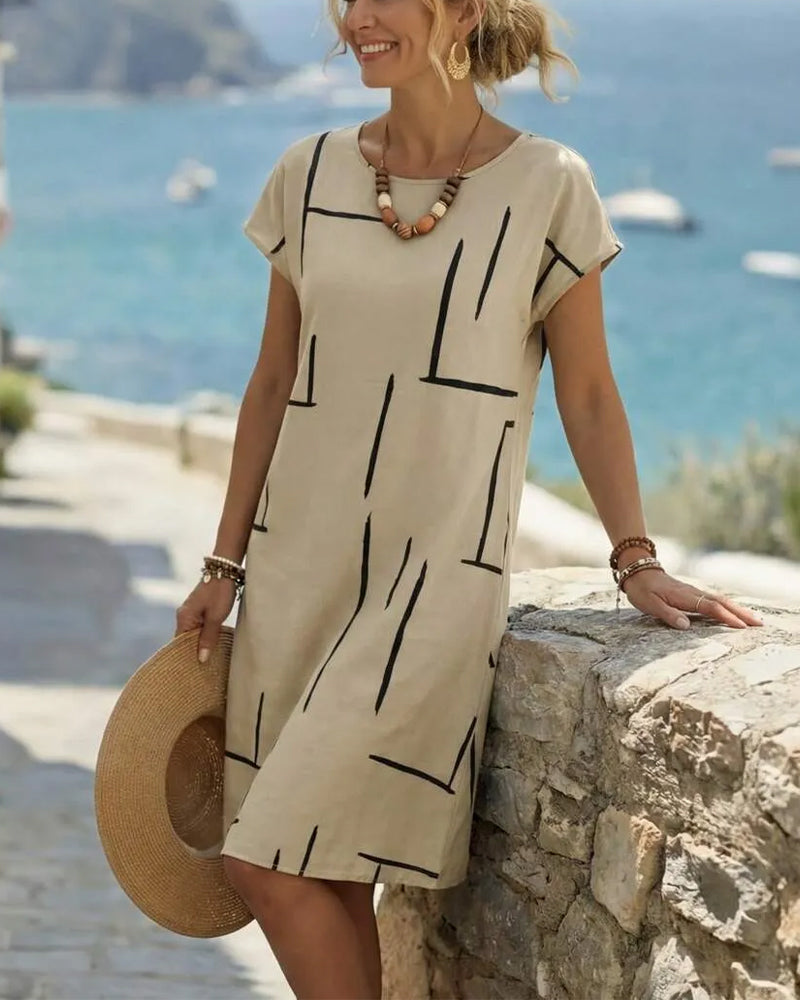 Klänning Abstrakt Linje Bomull Och Linne