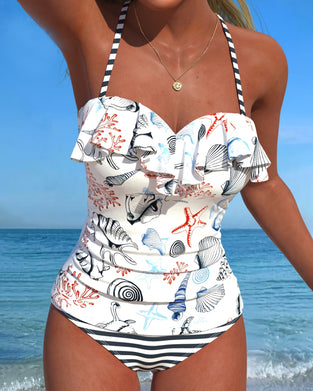 Ett Stycke Baddräkt Volang Randigt Tryck