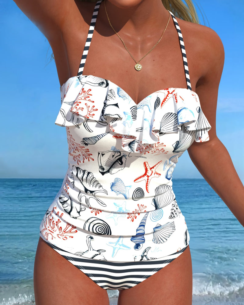 Ett Stycke Baddräkt Volang Randigt Tryck