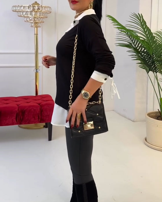 Topp Svart Och Vit Patchwork Krage