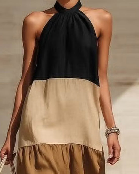 Klänningar Halsringning Off-Shoulder Lapptäcke Färgblock