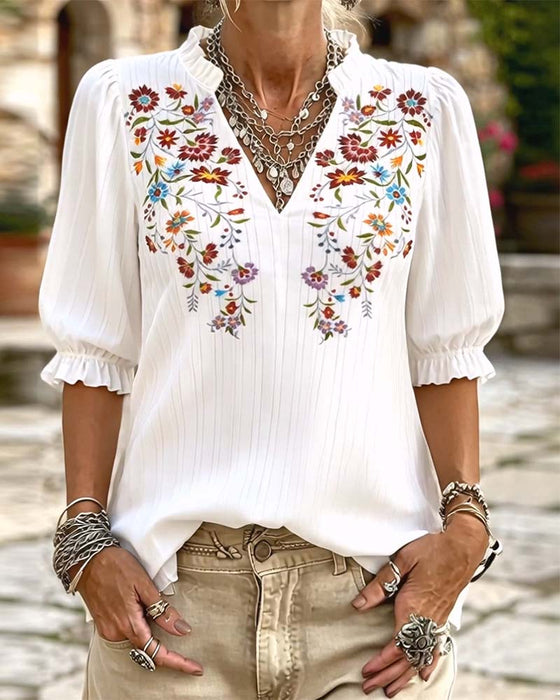 Blus Ruffle Trim Tryck Casual