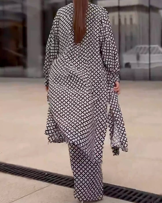 Set Geometrisk Print Långa Blusar Med Vida Byxor