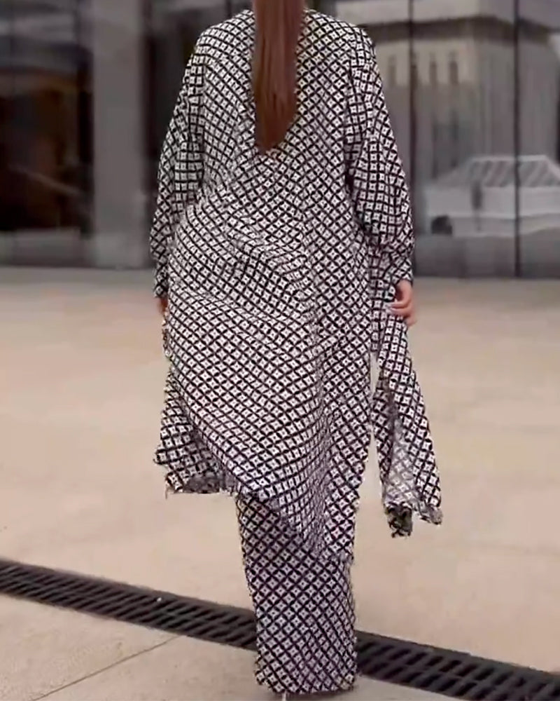 Set Geometrisk Print Långa Blusar Med Vida Byxor