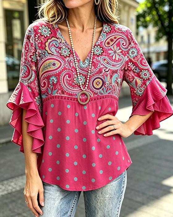 Blus V-Hals Blommig Prickig Ruffle