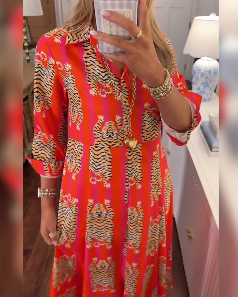 Klänning Lång Ärm Kavajslag Tryckt Lång