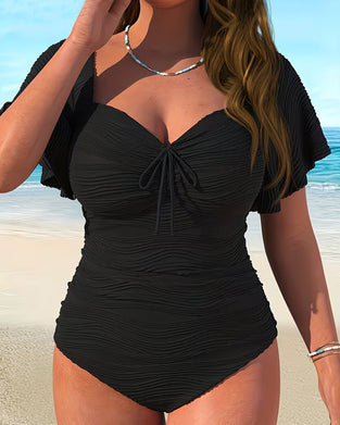 Hel Baddräkt Rynkad Ärm Dragsko