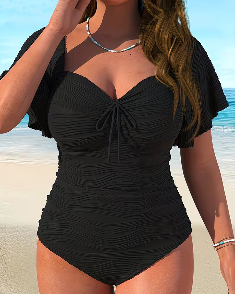 Hel Baddräkt Rynkad Ärm Dragsko