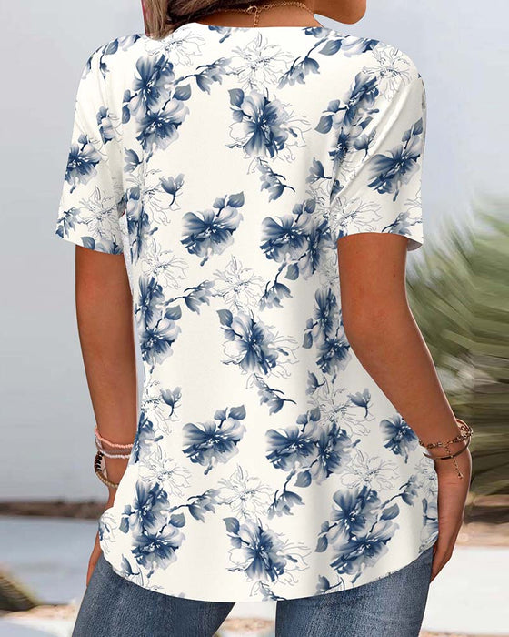 Blus Blommigt Tryck Kortärmad
