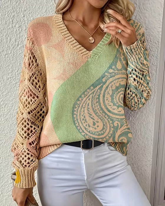 Pullover Färgblock Urholkning V-Hals Stickad