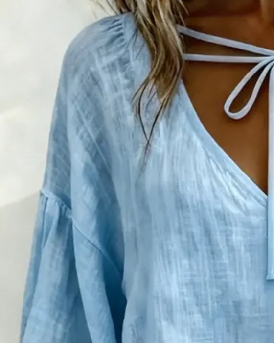 Blus V-Hals Dragsko Bomull Lin