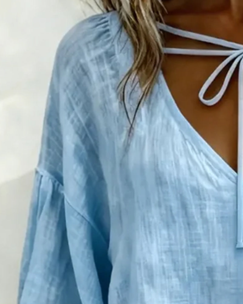 Blus V-Hals Dragsko Bomull Lin