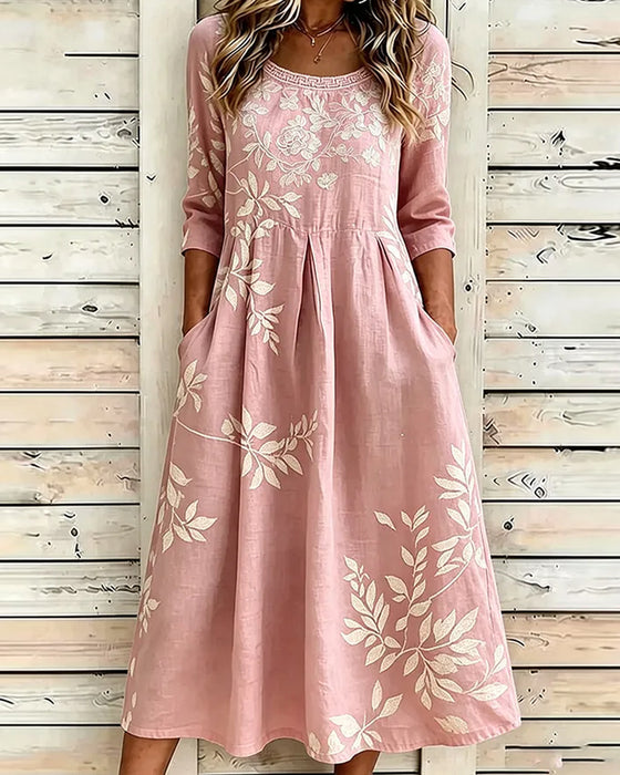Klänning Rundhals Blommig Hel Kjol