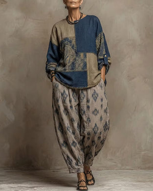 Set Rund Hals Vintage Lapptäcke Topp + Mönster Avsmalnande Byxor