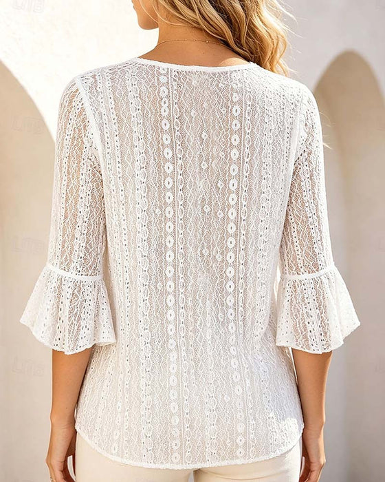 Blus Rundhalsad Hollow Out Spets Patchwork