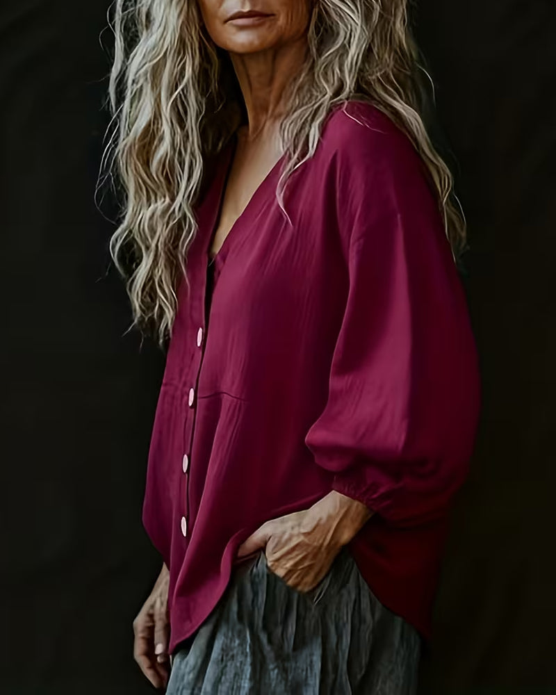 Blus V-Ringning Casual Knappning Ner