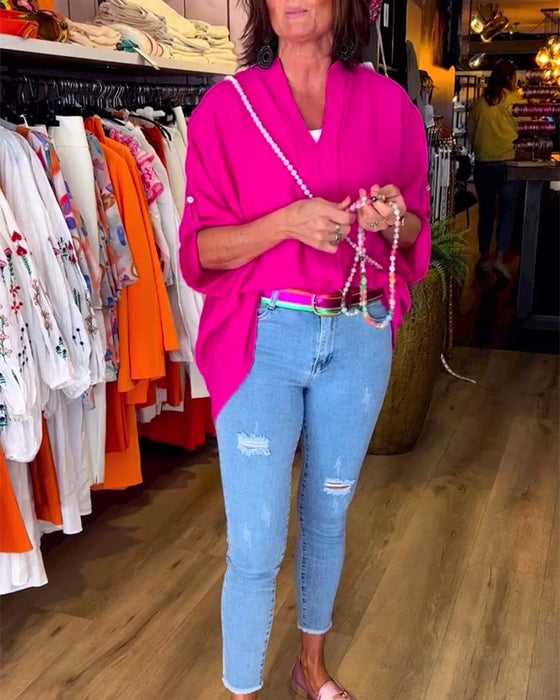 Casual enfärgad blus med V-ringning och trekvartsärm