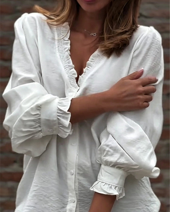 Blus V-Hals Knapp Fram Ruffle Puffärm