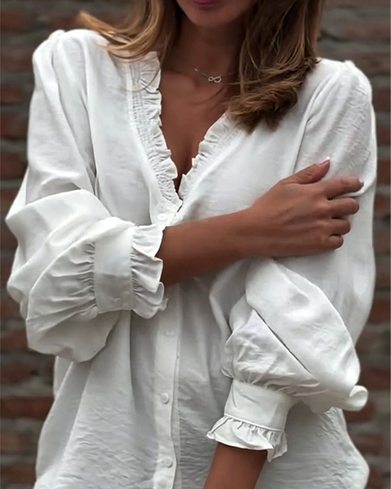 Blus V-Hals Knapp Fram Ruffle Puffärm