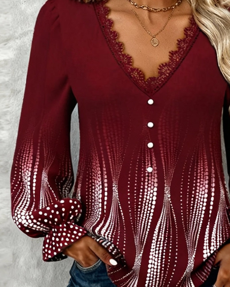 Blus Puckad Ärm V-hals Tryck