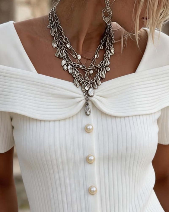 Blus Off-Shoulder Twist Stickad Ribbad