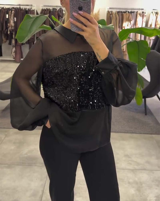 Blus Enfärgad Puffärm Krage