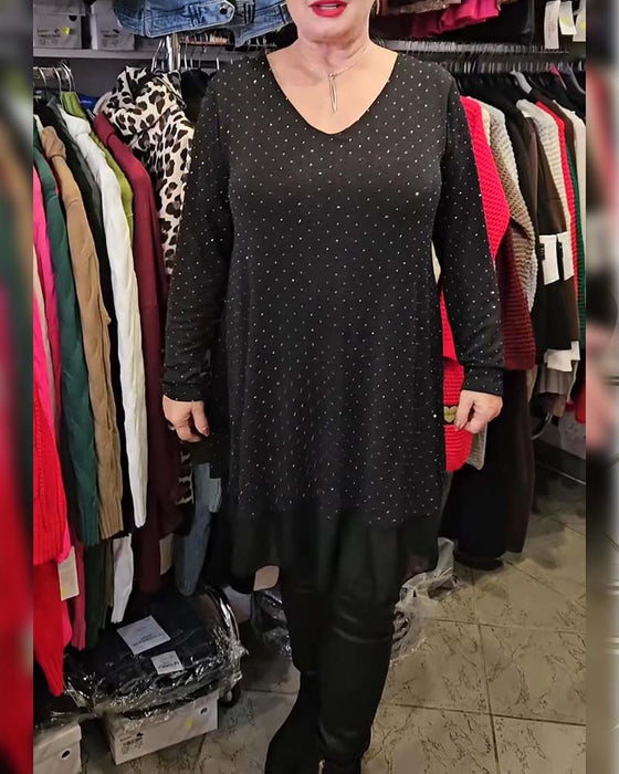 Klänning V-halsning Fin Glitter Mesh Lappverk Lössittande