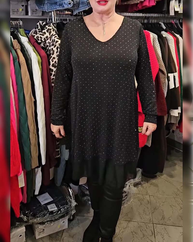 Klänning V-halsning Fin Glitter Mesh Lappverk Lössittande