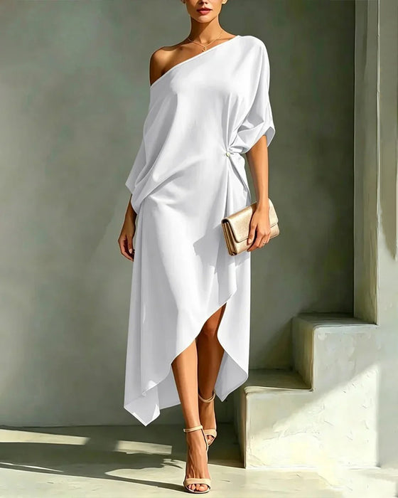Klädning Off-Shoulder Rynkad Oregelbunden Solid