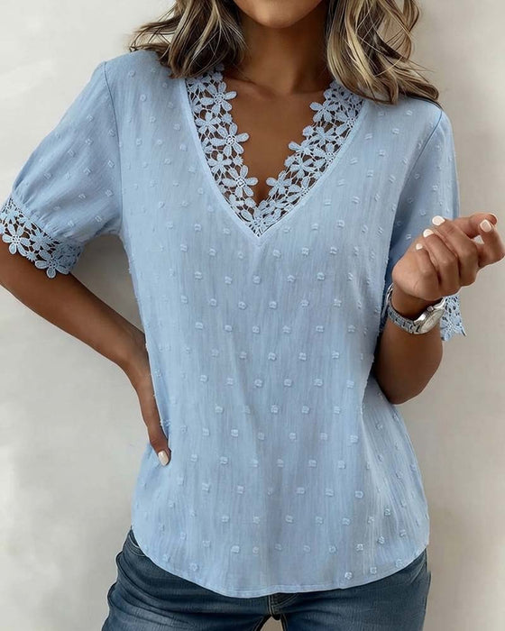 Blus Spets V-Hals 3D Blommig Solid