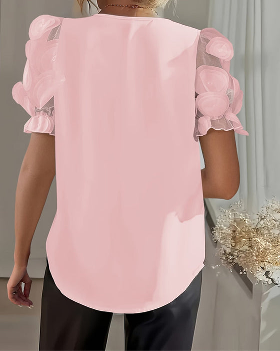 Blus Puffärm Mesh V-Ringning