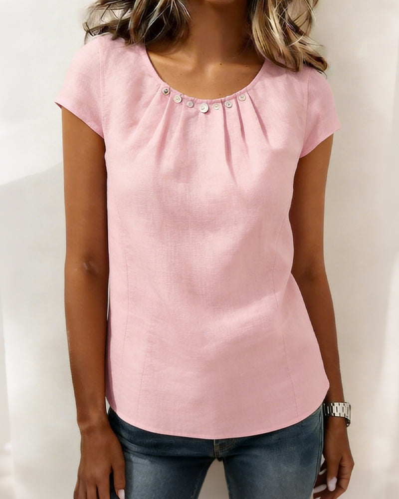 Blus Veckad Knapp Rund Hals