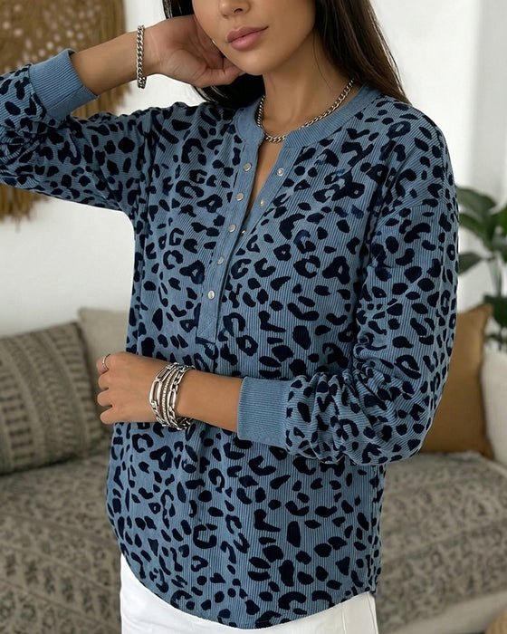 Sweatshirt Leopard Knapp V-Hals Lång Ärm