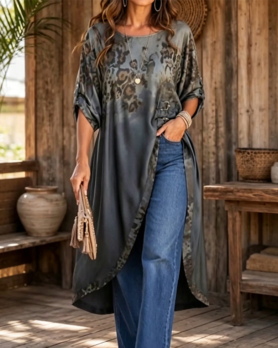 Blus Runt Hals Leopard Tryck Gradient Asymmetrisk