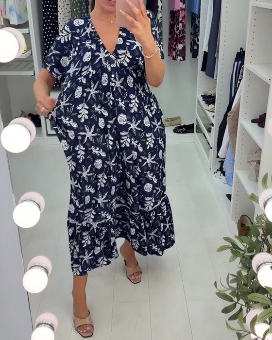 Klänning V-ringning Lössittande Tryckt Lång