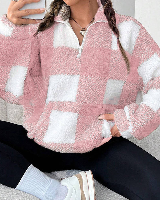 Sweatshirt Halv-Zip Ståkrage Rutmönster