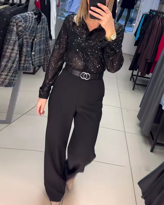 Paillettskjorta Med Knäppning Och Krage