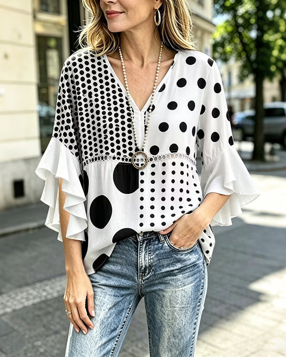 Blus Blandad Prickig Patchwork Ruffle