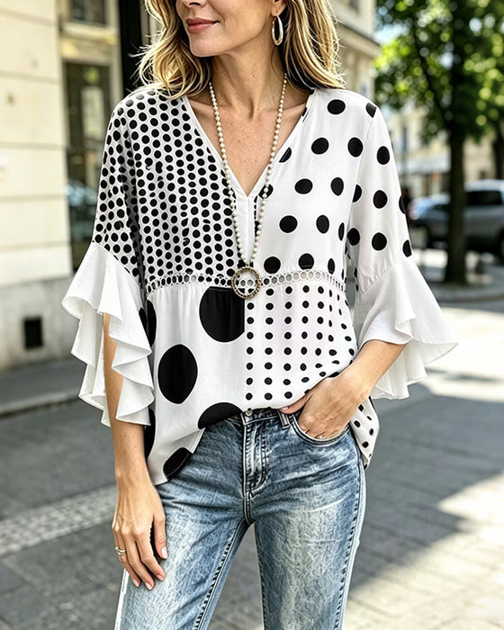 Blus Blandad Prickig Patchwork Ruffle