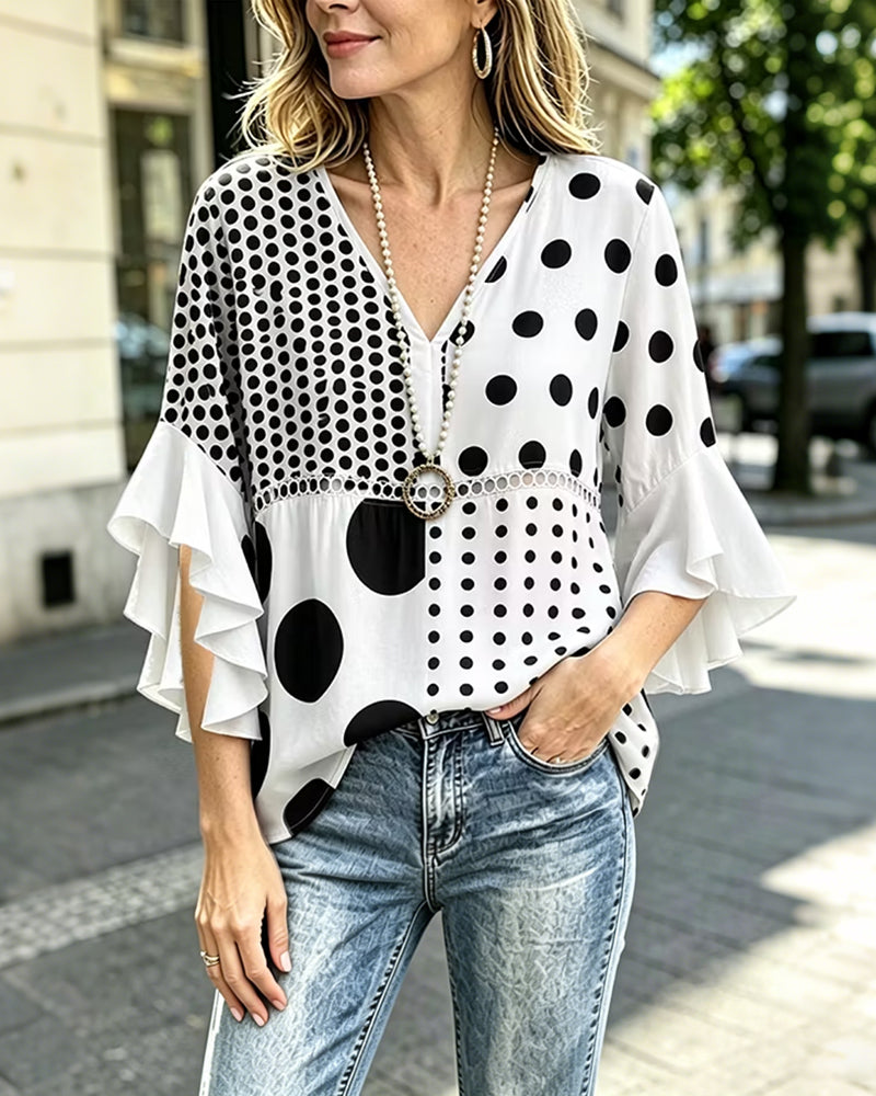 Blus Blandad Prickig Patchwork Ruffle