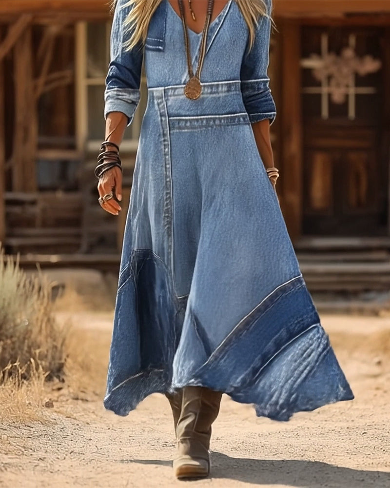 Klänning retro v-ringad långärmad med tryck