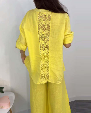 Enfärgad knappficka spetsblus byxor med vida ben