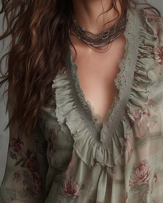 Blus Blommig V-Ringning Ryschad