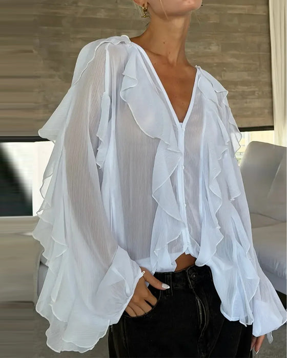 Blus V-Hals Ruffle Löst