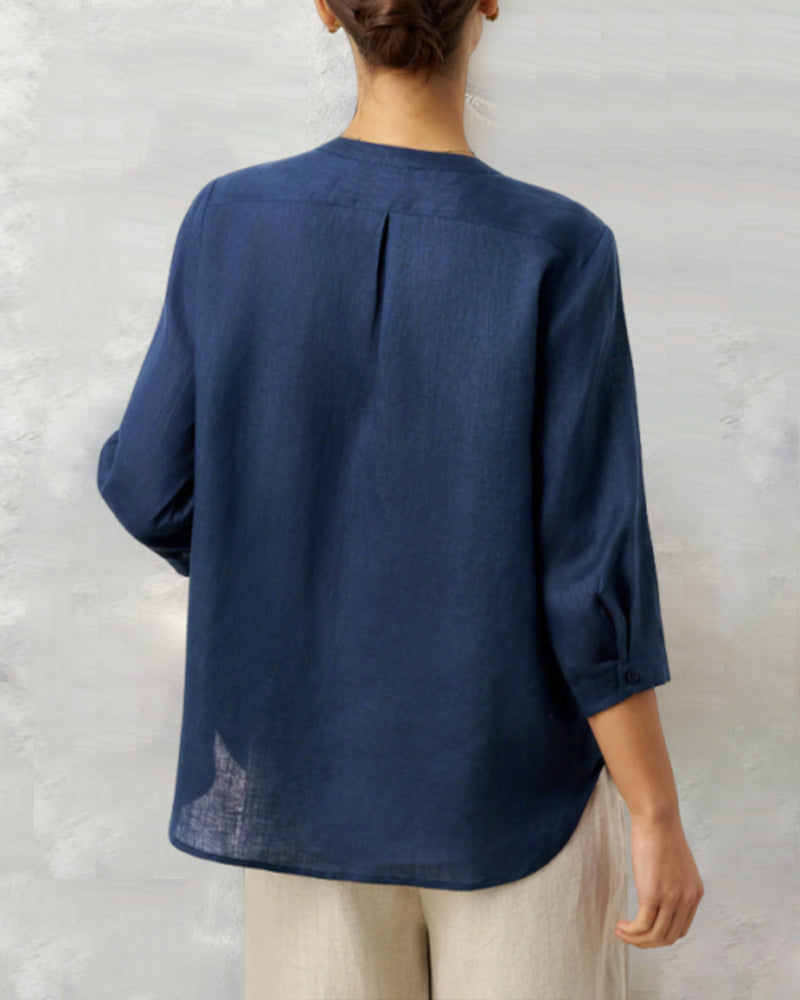 Skjorta Trefjärdedels Ärm Bomull Linne Knäppt