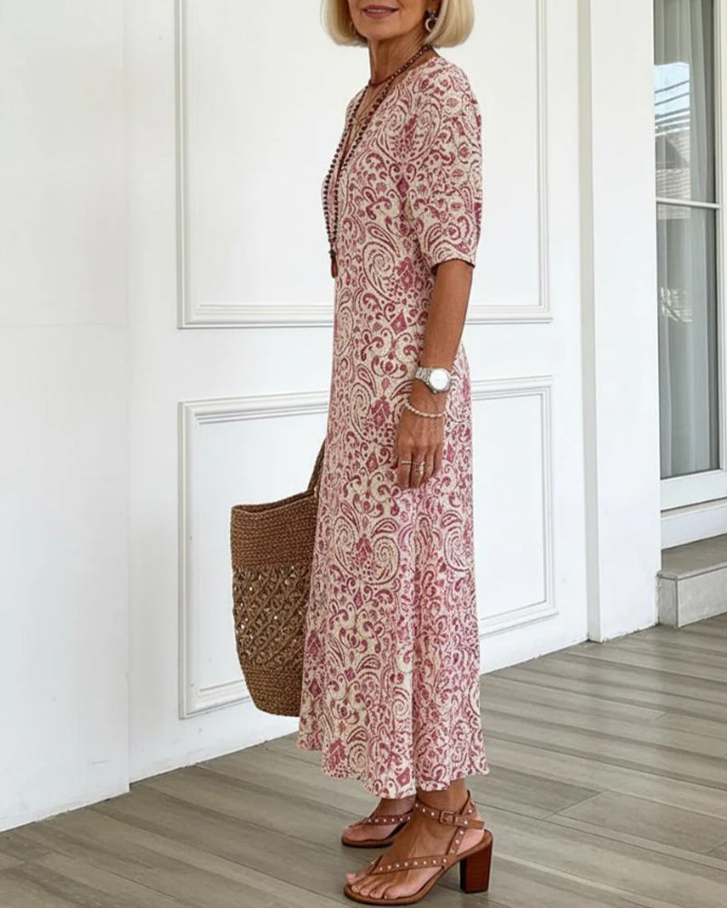Klänning Vintage Blommönster V-Hals Maxi