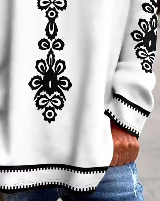 Färgblockad V-ringning Mönstrad Långärmad Topp